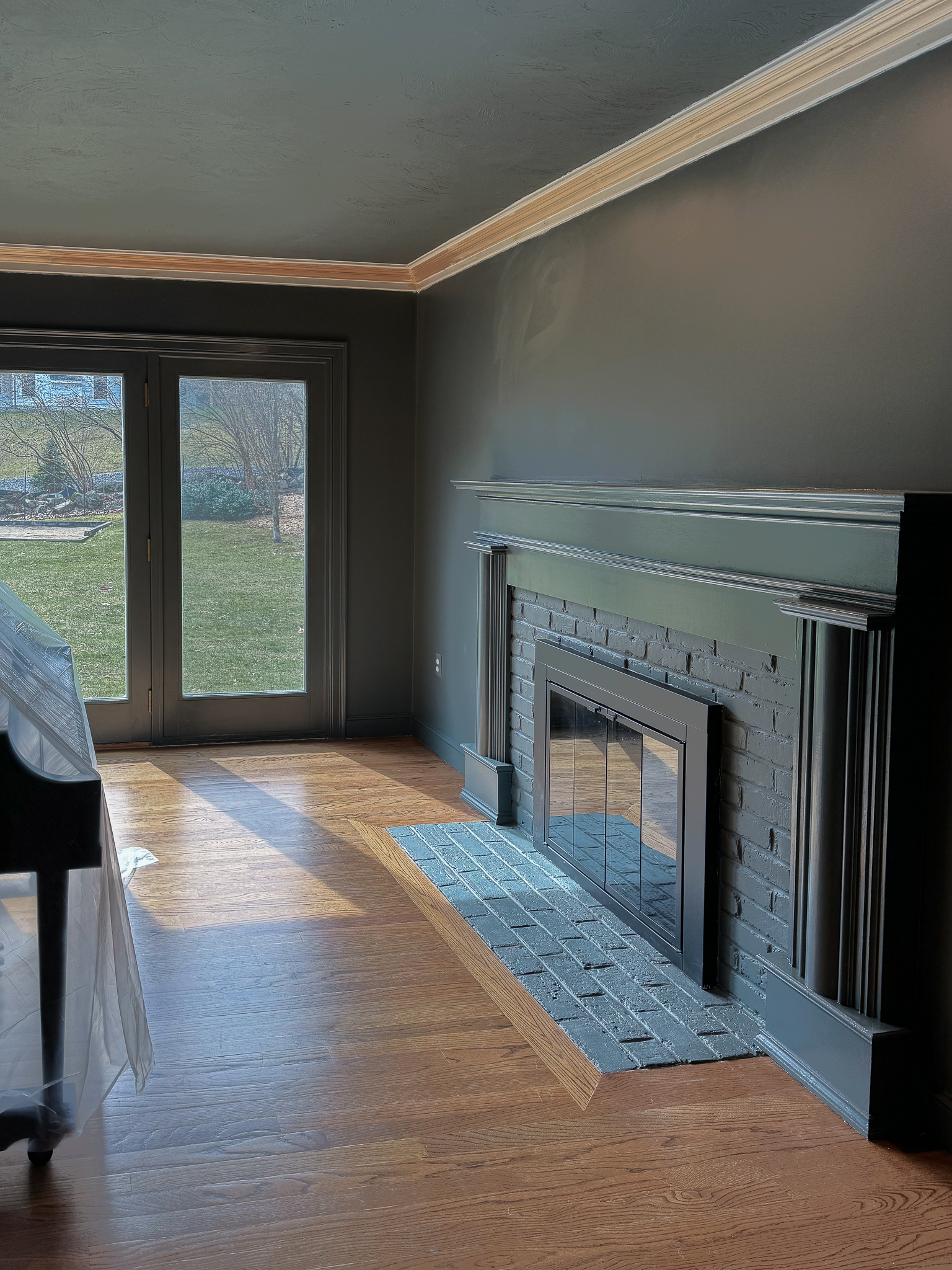 Black brick fireplace